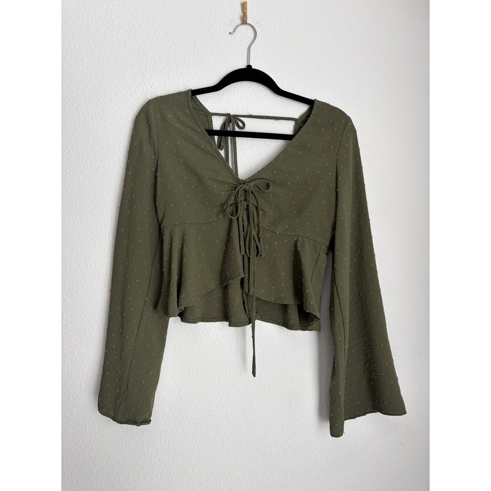 Olive Green Swiss Dot Tie Front Long‎ Sleeve Crop Top Peplum Bell Sleeve Boho